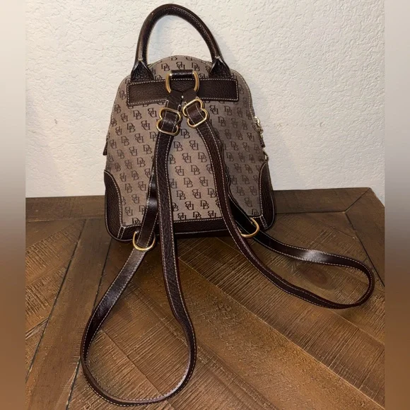 Dooney & Bourke DB Monogram Mini Backpack Brown Leather Trim Small Bag - Picture 2 of 11